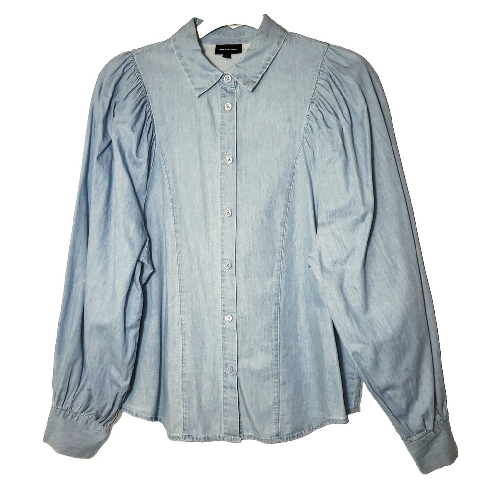 Who What Wear Blue Chambray Button Up‎ Shirt Puff Sleeves Size Small Cottagecore